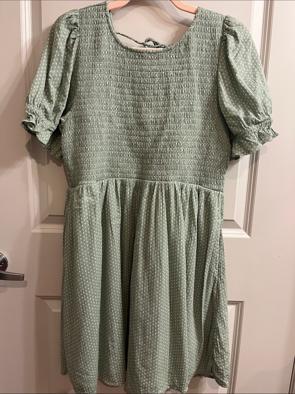American Eagle Light Sage Smocked Top with Dotted Detail